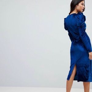 Blue Velvet Ruched Shoulder Pencil Dress